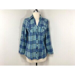 Passport Blue Plaid Youth Cotton Flannel Shirt XL Fitted Rolled Cuffs V-Neck Y2K
